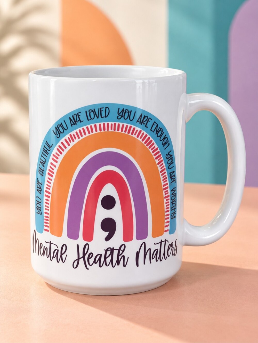 Orca Coatings Mental Health Matters Rainbow Semicolon Mug 15 Oz